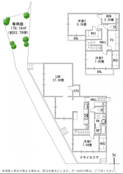 【間取り：3LDK＋2S】専有面積129.33㎡、バルコニー面積6.5㎡、専用庭178.18㎡。27.8帖のリビングダイニングキッチンに、7.04帖・7.00帖・9.39帖の洋室があり、それぞれにウォークインクローゼットを備え、リビングに収納、廊下に納戸、約2.30帖のDENがあり、収納やフリースペースも充実しています。広々専用庭の付いた南・西向き住戸です。