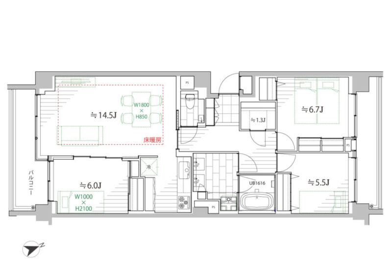 【間取り:3LDK】専有面積90.86㎡、バルコニー面積16.40㎡。床暖房付きの約14.5帖のリビングダイニングキッチンに、クローゼット付きの約6.7帖・約6.0帖・約5.5帖の洋室があり、廊下に約1.3帖の納戸、玄関にシューズクローゼットを備え、収納も充実しています。陽当たり良好な南向き住戸です。