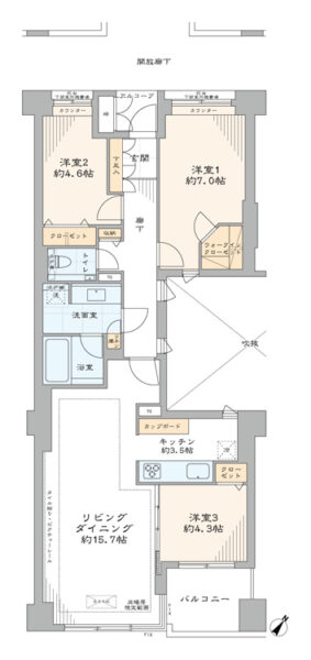 【間取り：3LDK】専有面積82.14㎡、バルコニー面積5.16㎡。床暖房付きの約15.7帖のリビングダイニングキッチン。ウォークインクローゼット付きの約7.0帖とクローゼット付きの約4.6帖と約4.3帖の洋室があります。廊下に収納、玄関にシューズインクローゼットを備えています。南東向きの陽当たり良好な住戸です。