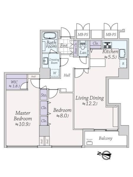 【間取り：2LDK】専有面積86.16㎡、バルコニー面積5.56㎡。床暖房付きの約12.2帖のリビングダイニングに約5.5帖のキッチン。ウォークインクローゼット付きの約10.9帖、クローゼット付きの約8.0帖の洋室があります。陽当たり良好な住戸です。