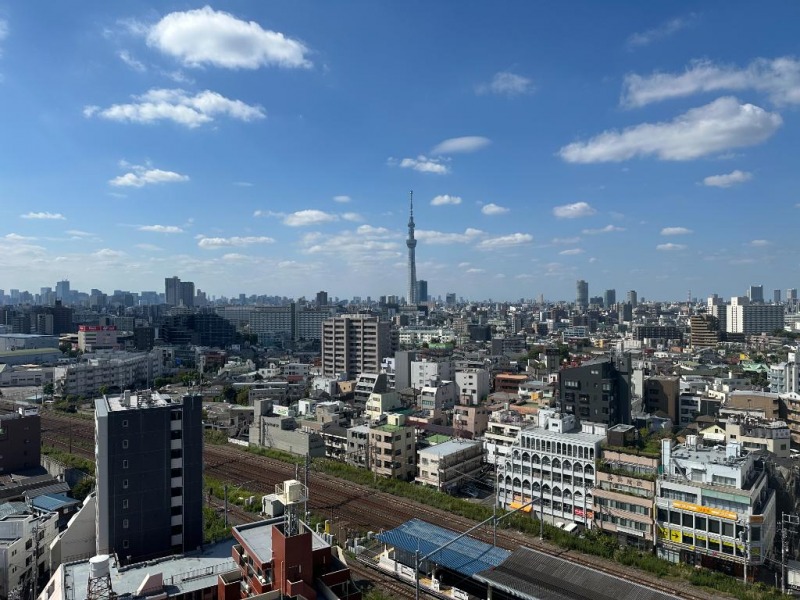 【住戸からの眺望】周辺は高層の建物も少なく、東京スカイツリーがアクセントとなった開放感たっぷりの圧巻のパノラマビューです。抜けもあり奥には、都心部のビル群も望め空も広く仰げます。夜には、一面に広がる街の明かりがより一層美しく、煌びやかな夜景が望めます。