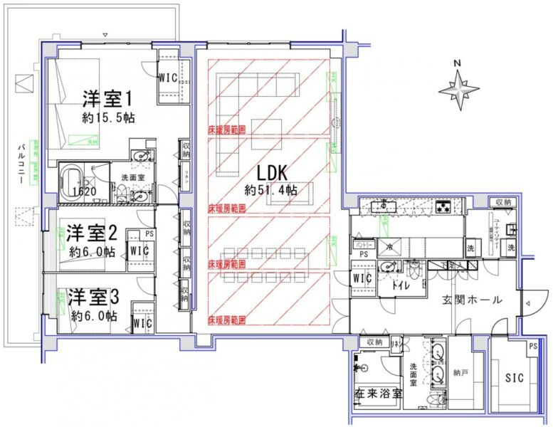 【間取り:3LDK】専有面積204.70㎡、バルコニー面積28.42㎡。床暖房付きの約51.4帖のリビングダイニングキッチンに、約15.5帖・約6.0帖・約6.0帖の洋室があり、それぞれにウォークインクローゼットを備え、リビングに納戸、廊下に収納、玄関に納戸・シューズインクローゼット・シューズクローゼットを備え、収納も豊富です。浴室が2か所・スロップシンクと収納付きのユーティリティルーム、ツインボウルの洗面室が2か所、トイレが3か所と、水回りにもゆとりがあります。西と北向きの角住戸です。