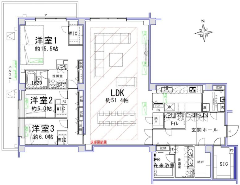 【間取り:3LDK】専有面積204.70㎡、バルコニー面積28.42㎡。床暖房付きの約51.4帖のリビングダイニングキッチンに、約15.5帖・約6.0帖・約6.0帖の洋室があり、それぞれにウォークインクローゼットを備え、リビングに納戸、廊下に収納、玄関に納戸・シューズインクローゼット・シューズクローゼットを備え、収納も豊富です。浴室が2か所・スロップシンクと収納付きのユーティリティルーム、ツインボウルの洗面室が2か所、トイレが3か所と、水回りにもゆとりがあります。西と北向きの角住戸です。