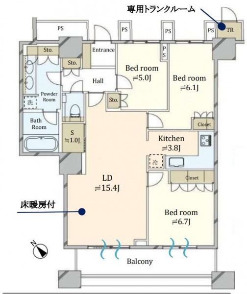 【間取り：3LDK】専有面積83.34㎡、バルコニー面積9.31㎡。約1.0帖の納戸・床暖房付きの約15.4帖のリビングダイニングに約3.8帖のキッチン。約6.7帖・約6.1帖・約5.0帖の洋室があり、それぞれにクローゼットを備えています。リネン庫付き洗面室、廊下に収納、玄関にシューズクローゼット、共用廊下にトランクルームを備え、収納豊富です。南西向きで陽当たり良好住戸です。
