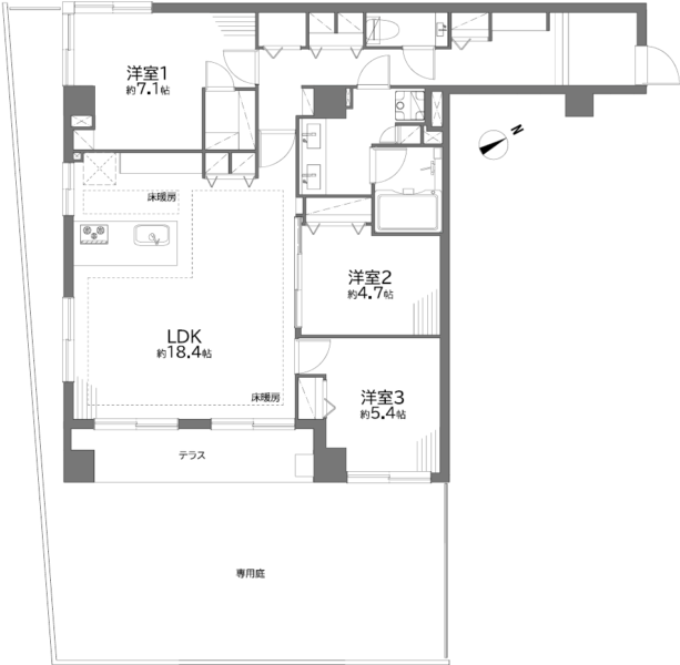 【間取り：3LDK】専有面積85.91㎡、テラス面積6.27㎡、専用庭35.2㎡。約18.4帖のリビングダイニングキッチンに、ウォークインクローゼット付きの約7.1帖、クローゼット付きの約4.7帖と約5.4帖の洋室があります。リビング収納や廊下収納、玄関にはシューズクローゼットを備え、収納も充実しています。専用庭付きの陽当たり良好な南東向き住戸です。