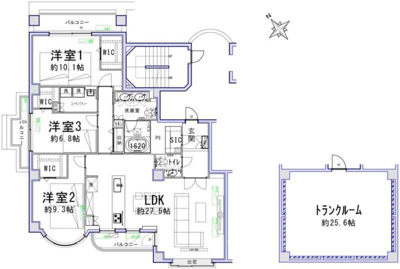 【間取り:3LDK】専有面積128.8㎡、トランクルーム面積約41.61㎡。約27.5帖のリビングダイニングキッチンに、約10.1帖・約9.3帖・約6.8帖の洋室があり、それぞれにウォークインクローゼット、廊下に収納、玄関にシューズクローゼット、トランクルームも備え、収納が豊富です。1620サイズのゆったりとしたバスルーム、ツインボウルの洗面台、トイレが2か所、スロップシンク付きのユーティリティルームと水回りもゆとりある造りとなっています。広々トランクルームや専用駐車場付きの陽当たり良好な最上階3方角住戸です。