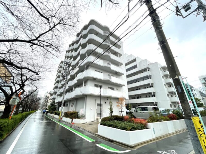 【外観】目黒川沿いに佇むコの字型に建てられた目黒川の桜も映えそうなホワイトの爽やかな外観です。1979年10月築、地上9階建て、総戸数128戸のビッグコミュニティです。R山手線「目黒」駅徒歩6分。東急目黒線、東京メトロ南北線、都営三田線も利用でき、都心各所へのアクセスに優れています。「アトレ目黒」まで徒歩約9分。スーパーやコンビニ、ドラッグストアも身近に揃い、毎日の暮らしを快適に彩る充実した生活環境です。目黒川沿いの潤いある環境に加え、「下目黒小学校」や「大鳥中学校」も徒歩10分圏内。公園も身近にあり、都心ながら自然を感じられます。目黒川沿いに位置し、都心の利便性と四季の潤いを身近に享受できる恵まれたロケーションです。