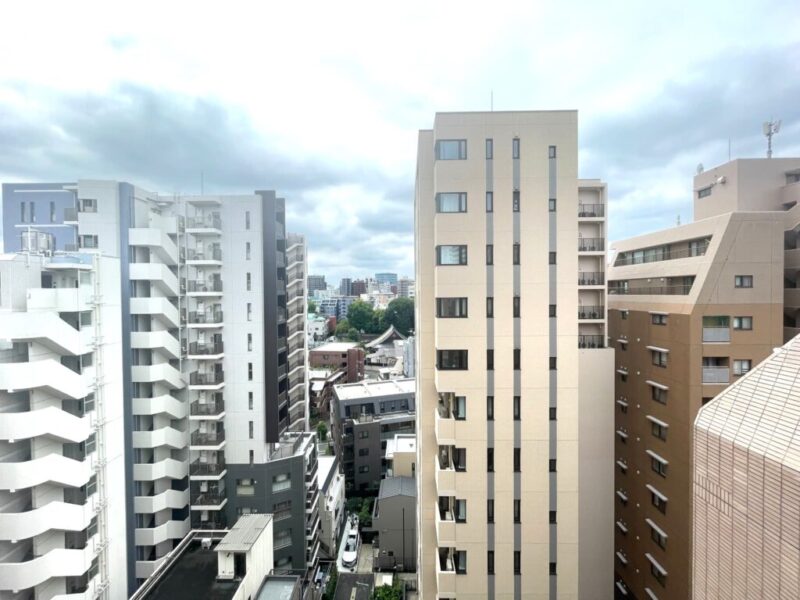 【住戸からの眺望】都会的な高層ビルが建ち並ぶ風景ながら、前面の建物まで距離が保たれ、広い空も仰げる眺望です。