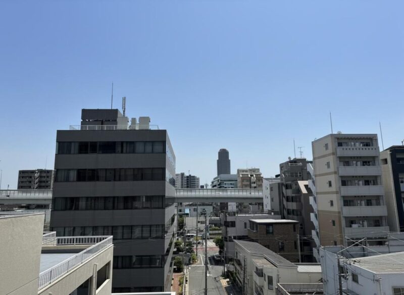 【住戸からの眺望】前面の建物まで距離が保たれているので陽光も注ぎ、周辺は高層の建物も少なく開放感もあり、広い空も仰げる眺望です。