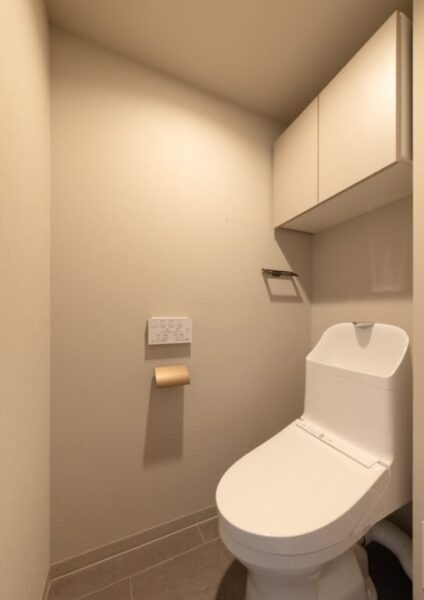 【トイレ】すっきりとしたデザインで清潔感があり、落ち着ける空間。トイレは温水洗浄機能付きです。吊戸棚も設置されており、トイレットペーパーなどが収納できます。