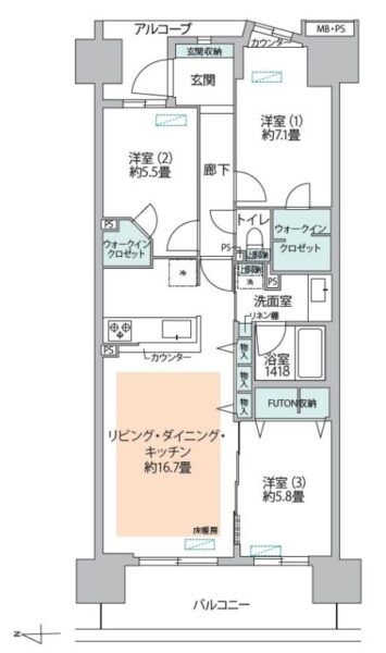 【間取り:3LDK】専有面積80.18㎡、バルコニー面積11.16㎡。床暖房付きの約16.7帖のリビングダイニグキッチンに、ウォークインクローゼット付きの約7.1帖と約5.5帖、布団収納付きの約5.8帖の洋室があり、リビング収納、玄関収納を備えています。西向きの陽当たり良好な住戸です。