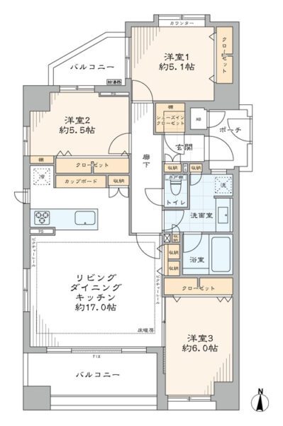 【間取り：3LDK】専有面積81.78㎡、バルコニー面積13.39㎡、ポーチ面積3.69㎡。床暖房付きの約17.0帖のリビングダイニングキッチンに、約5.1帖・約5.5帖・約6.0帖の洋室があり、それぞれにクローゼットを備え、リビングやキッチン収納、シューズインクローゼットも備え、収納も豊富です。陽当たり良好な3方角住戸です。
