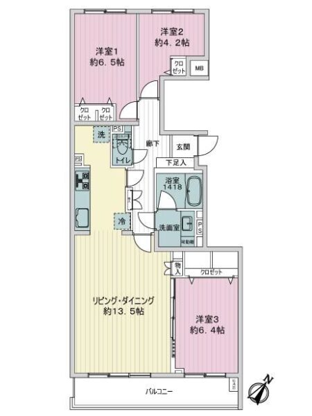 【間取り：3LDK】専有面積81.37㎡、バルコニー面積9.58㎡。約13.5帖のリビングダイニングキッチンに、約6.5帖・約6.4帖・約4.2帖の洋室があり、それぞれにクローゼットを備えています。廊下に収納、玄関にシューズクローゼットも備え、収納も充実しています。陽当たり良好な南東向き住戸です。