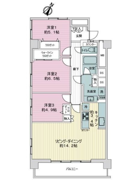 【間取り:3LDK】専有面積87.67㎡、バルコニー面積10.05㎡。約14.2帖のリビングダイニングキッチンに、ウォークインクローゼット付きの約6.5帖、クローゼット付きの約5.1帖と約4.9帖の洋室があります。陽当たり良好な南東向きの角住戸です。