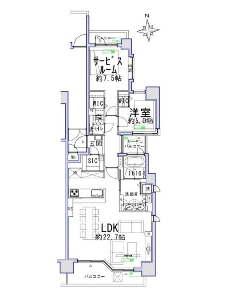 【間取り:1SLDK】専有面積80.23㎡、バルコニー面積11.09㎡。約22.7帖の広々LDKに、約7.5帖のサービスルームと約5.0帖の洋室があり、それぞれにウォークインクローゼット、玄関にはシューズインクローゼットを備え、収納も充実したLDKです。1616サイズのゆったりとしたバスルーム、ツインボウルの洗面台と水回りもゆとりある造りとなっています。南と東向きの角住戸です。