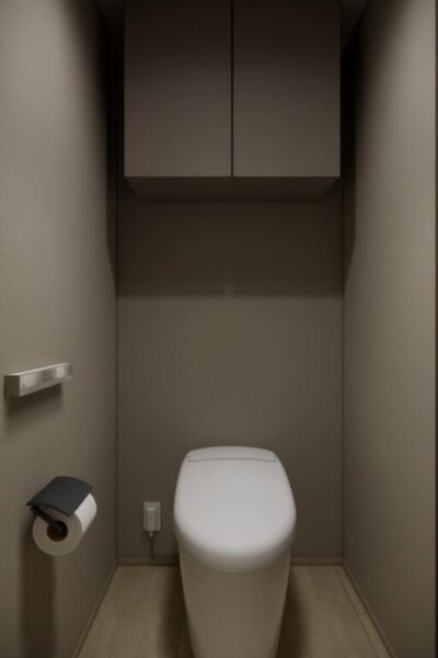 【トイレ:完成イメージ】お手入れのしやすいタンクレスで、すっきりとしたデザインの温水洗浄機能付きトイレ。室内は清潔感があり落ち着く上質な空間です。トイレットペーパーなどが収納できる吊戸棚を備え、便利な専用手洗いスペースも設けられています。