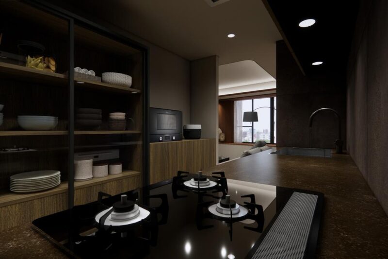 【キッチン:完成イメージ】洗練されたデザインのオーダーキッチンは、カップボードも設けられた収納スペースも多い独立型で、リビングダイニングもすっきり活用でき、集中して調理ができます。お手入れしやすいレンジフードや3口コンロ、Mieleのビルトイン食器洗浄乾燥機付きで家事の負担軽減が期待できます。