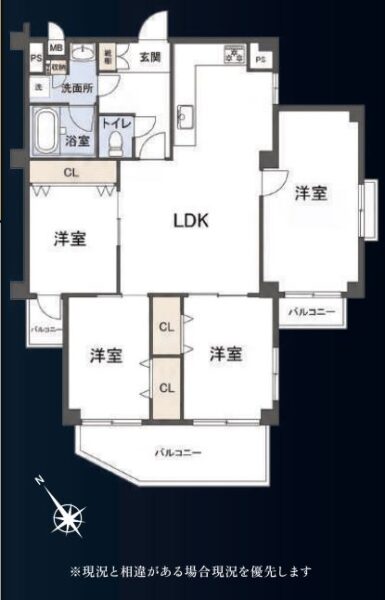 【間取り：4LDK】専有面積90.34㎡、バルコニー面積11.35㎡。住戸の中心にリビングダイニングキッチン。囲うように洋室が4部屋あり、そのうち3部屋にクローゼットを備えています。陽当たり良好な2面採光のある角住戸です。