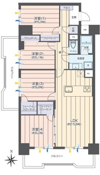 【間取り：4LDK】専有面積88.46㎡、バルコニー面積19.31㎡。約15.8帖のリビングダイニングキッチンに、ウォークインクローゼット付きの約6.2帖と約5.8帖、クローゼット付きの約5.8帖と約5.1帖の洋室があります。廊下に収納、玄関にシューズクローゼットを備え、収納も充実しています。陽当たり良好な南と西向きの角住戸です。