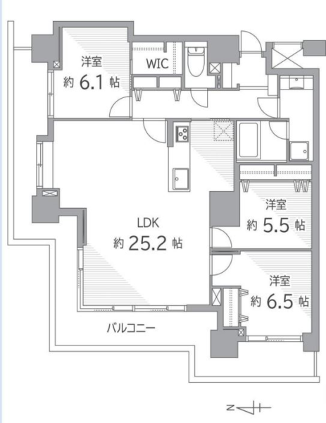 【間取り:3LDK】専有面積99.23㎡、バルコニー面積19.00㎡。約25.2帖のリビングダイニングキッチンに、ウォークインクローゼット付きの約6.1帖、クローゼット付きの約6.5帖と約5.5帖の洋室があります。角部屋につき陽当たり・通風良好です。