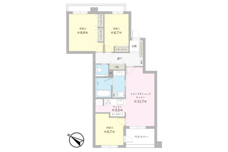 【間取り：3LDK】専有面積84.51㎡、バルコニー面積6.40㎡。約11.7帖のリビングダイニングに約3.5帖のキッチン。クローゼット付きの約8.8帖と約6.7帖、約6.7帖の洋室があります。廊下に収納や可動棚、玄関シューズクローゼットを備え収納も豊富です。陽当たり良好な南西向き住戸です。