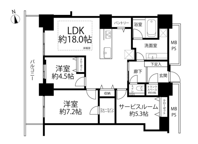【間取り:2SLDK】専有面積86.69㎡、バルコニー面積13.00㎡。床暖房敷設の約18.0帖のリビングダイニングキッチンに、ウォークインクローゼット付きの約7.2帖、クローゼット付きの約4.5帖の洋室、クローゼット付きの約5.3帖のサービスルームがあります。リビング収納、キッチンにパントリー、玄関に約0.6帖のトランクスペースとシューズクローゼットを備え、収納も豊富、陽当たりも良好な西向き住戸です。