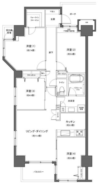 【間取り:4LDK】専有面積85.78㎡、バルコニー面積4.72㎡。約11.4帖のリビングダイニングに約3.3帖のキッチン。ウォークインクローゼット付きの約7.4帖、クローゼット付きの約5.9帖・約4.6帖・約5.9帖の洋室があります。陽当たり良好な角住戸です。トランクルーム付き(約1㎡)、エアコン1台と家具付き物件です。