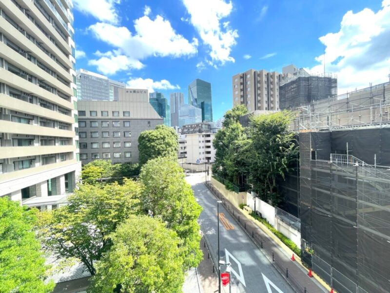【住戸からの眺望】都会的な景色ながら、眼下は道路で周囲の建物まで距離が保たれているので、陽光も注ぎ開放感もあり、緑豊かで広い空も仰げる眺望です。