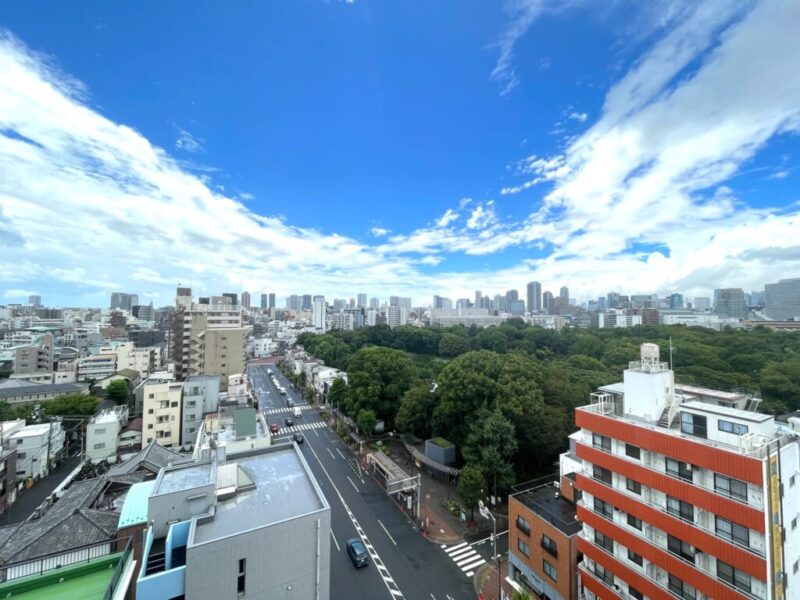 【住戸からの眺望】「清澄庭園」のグリーンが広がり、空色の移ろいも感じられる開放感たっぷりの圧巻のパノラマビューです。奥には都心部のビル群も望める抜けた眺望です。