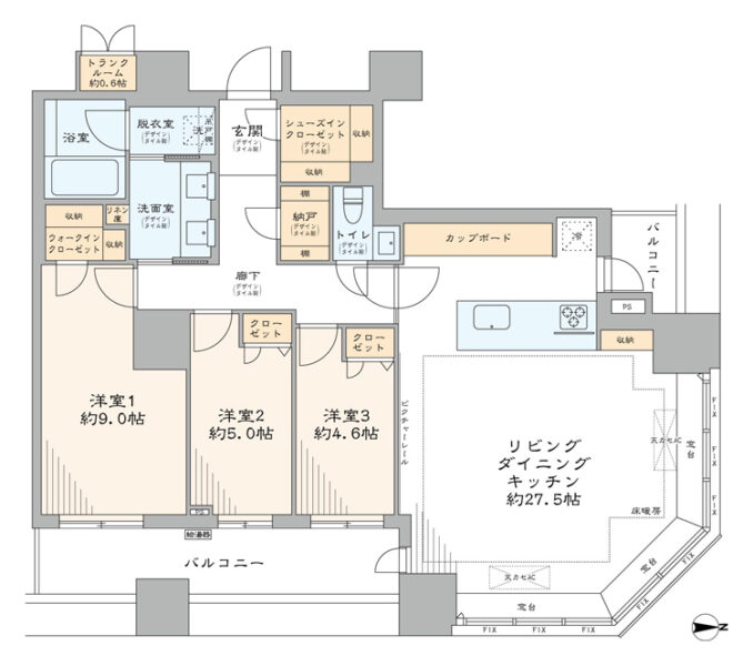 【間取り：3LDK】専有面積108.55㎡、バルコニー面積13.86㎡。床暖房付きの約27.5帖のリビングダイニングキッチンに、ウォークインクローゼット付きの約9.0帖、クローゼット付きの約5.0帖と約4.6帖の洋室があります。リビング収納、廊下に納戸、玄関にシューズインクローゼット、住戸付設のトランクルームを備え、収納が豊富です。眺望良好な角住戸です。