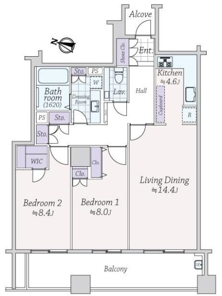 【間取り：2LDK】専有面積89.21㎡、バルコニー面積17.29㎡。約14.4帖のリビングダイニングに約4.6帖のキッチン。ウォークインクローゼット付きの約8.4帖とクローゼット×2付きの約8.0帖の洋室があります。廊下に収納×2、玄関にシューズクローゼットを備え、収納も豊富です。1620サイズのバスルーム、手洗いスペース付きトイレなど水回りにもゆとりがあります。陽当たり良好なワイドスパン住戸です。