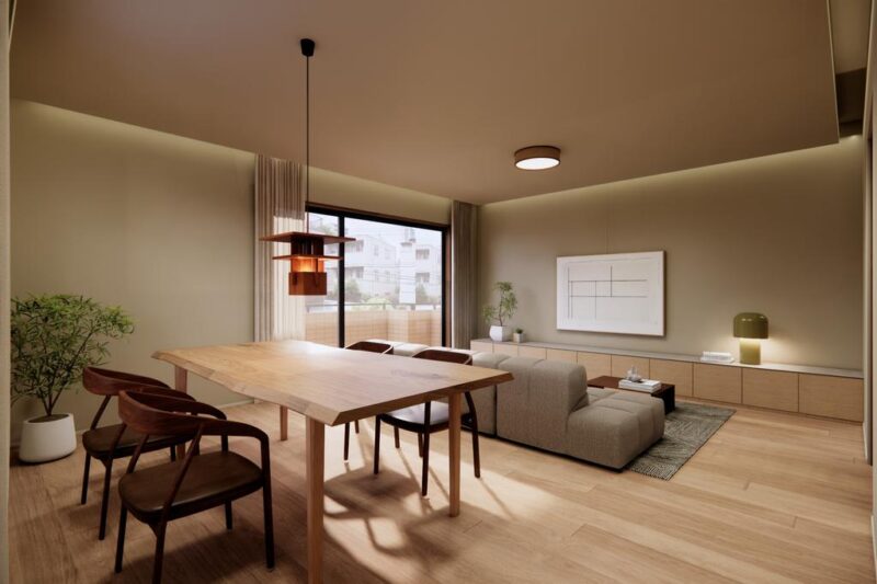 【LDK：約21.8帖（完成イメージ）】木目の美しいフローリングや建具で、ナチュラルモダンな雰囲気のリビングダイニングとなっています。下がり天井からの間接照明で柔らかな雰囲気を醸し出し、インテリアをスタイリッシュに引き立てます。