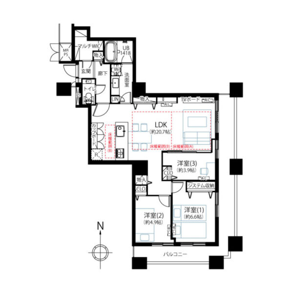 【間取り:3LDK】専有面積81.42㎡、バルコニー面積14.32㎡、トランクルーム1.54㎡。床暖房付きの約20.7帖のリビングダイニングキッチンに、システム収納付きの約6.6帖、クローゼット付きの約4.9帖と約3.9帖の洋室があります。リビング収納、カップボード、リネン庫、廊下収納、マルチウォークインクローゼットを備え、収納も豊富です。陽当たり良好な南東角住戸です。