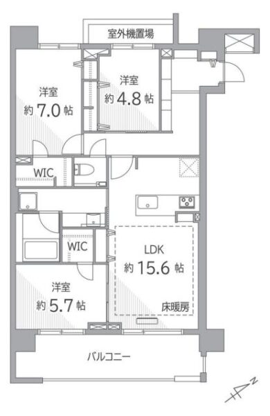 【間取り:3LDK】専有面積83.70㎡、バルコニー面積13.00㎡。床暖房付きの約15.6帖のリビングダイニングキッチンに、 ウォークインクローゼット&クローゼット付きの約7.0帖、クローゼット付きの約5.7帖、クローゼット付きの約4.8帖の洋室があります。陽当たり良好な南東向き住戸です。