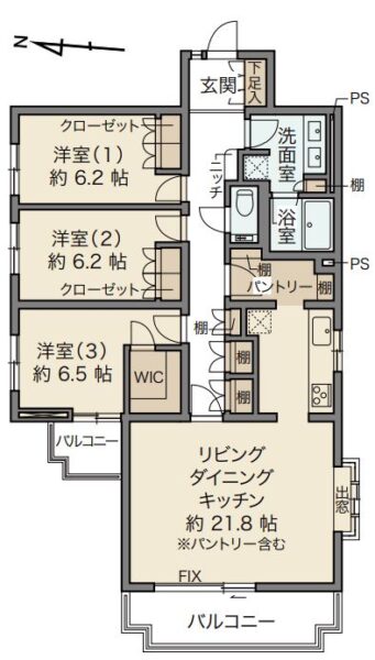 【間取り：3LDK】専有面積96.05㎡、バルコニー面積10.77㎡。約21.8帖のリビングダイニングキッチンに、ウォークインクローゼット付きの約6.5帖、クローゼット付きの約6.2帖×2部屋あり、キッチンにパントリー、廊下に収納、玄関にシューズクローゼットを備え、収納も充実しています。陽当たり良好な3方角住戸です。