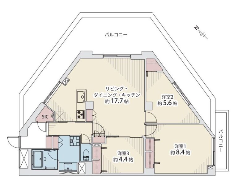 【間取り:3LDK】専有面積81.39㎡、バルコニー面積27.50㎡。約17.7帖のリビングダイニングキッチンに、約8.4帖・約5.6帖・約4.4帖の洋室があり、それぞれにクローゼットを備えています。リビング収納×2、リネン庫、玄関にシューズインクローゼットと収納を備え、収納も充実。陽当たり良好な最上階3方角住戸です。