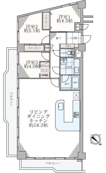 【間取り：3LDK】専有面積89.92㎡、バルコニー面積17.22㎡。約28.2帖のリビングダイニングキッチンに、クローゼット付きの約5.1帖と約4.5帖、ウォークインクローゼット付きの約4.0帖の洋室があります。廊下に納戸、玄関にシューズクローゼットを備えています。2面バルコニー付きの陽当たり良好な3方角住戸。トランクルーム1.38㎡付きです。
