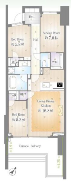 【間取り：2SLDK】専有面積81.30㎡、テラスバルコニー面積16.48㎡。床暖房付きの約16.8帖のリビングダイニングキッチンに、約5.8帖と約5.3帖の洋室に、約7.0帖のサービスルームがあり、それぞれにウォークインクローゼットを、リビングに納戸、玄関にシューズクローゼットを備えています。陽当たり良好な南東向き住戸です。