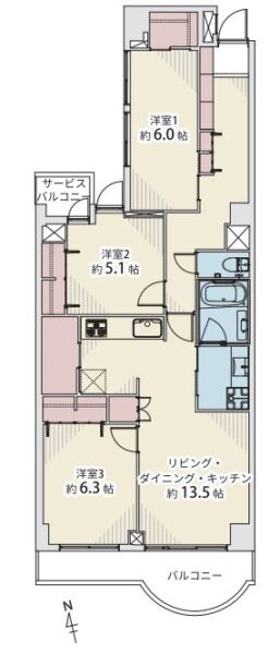 【間取り：3LDK】専有面積82.22㎡、バルコニー面積10.16㎡。約13.5帖のリビングダイニングキッチンに、ウォークインクローゼット付きの約6.0帖、クローゼット付きの約5.1帖と約6.3帖の洋室があります。リビング収納、キッチンにパントリー、廊下に収納、玄関にシューズクローゼットを備え、収納も豊富です。陽当たり良好な南向き住戸です。