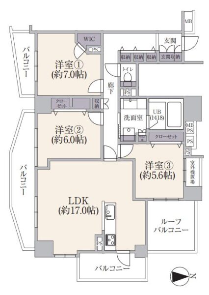 【間取り：3LDK】専有面積85.31㎡、バルコニー面積16.81㎡、ルーフバルコニー8.14㎡。約17.0帖のリビングダイニングキッチンに、ウォークインクローゼット付きの約7.0帖、クローゼット付きの約6.0帖・約5.6帖の洋室があります。洗面室にリネン庫、廊下に収納、玄関にシューズクローゼットを備えています。ルーフバルコニー付の陽当たり良好な南東角住戸。デザイナー監修のフルリノベーション住宅です。