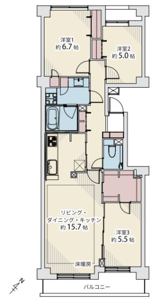 【間取り：3LDK】専有面積80.64㎡、バルコニー面積6.28㎡、室外機面積2.07㎡。床暖房付きの約15.7帖のリビングダイニングキッチンに、ウォークインクローゼット付きの約5.5帖、クローゼット付きの約6.7帖と約5.0帖の洋室があります。洗面室にリネン庫、廊下に収納、玄関にシューズクローゼットを備えています。南東向きの陽当たり良好な住戸です。