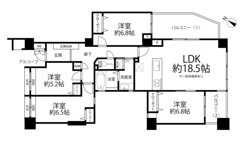 【間取り：4LDK】専有面積94.28㎡、バルコニー1面積9.93㎡、バルコニー2面積5.16㎡。、床暖房付きの約18.5帖のリビングダイニングキッチンに、約6.8帖・約6.8帖・約6.5帖・約5.2帖の洋室があり、それぞれにクローゼットを備え、洗面室にリネン庫・廊下収納・玄関収納を備え収納も充実です。陽当たり良好な南東と北東向きの角住戸です。