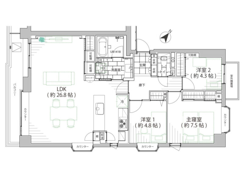 【間取り:3LDK】専有面積94.32㎡、バルコニー面積10.67㎡。約26.8帖のリビングダイニングキッチン、約7.5帖・約4.8帖・約4.3帖の洋室があり、それぞれにクローゼット、玄関にシューズクローゼット備えています。陽当たり良好な3方角住戸です。