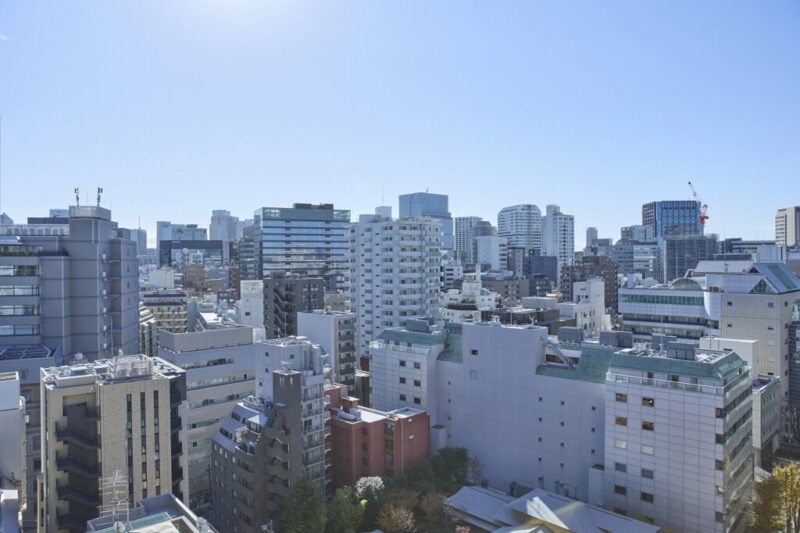 【住戸からの眺望】都会的な高層ビルが建ち並ぶ風景ながら、周辺は視線より高い建物も少なく広い空も仰げる開放感のある眺望です。