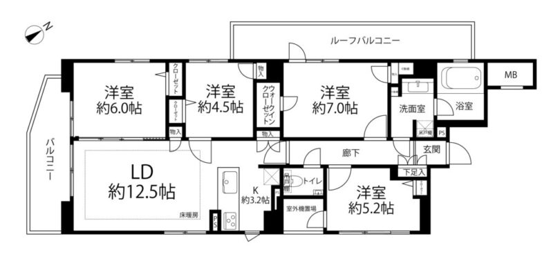 【間取り：4LDK】専有面積87.09㎡、バルコニー面積9.56㎡、ルーフバルコニー面積14.40㎡、室外機置場面積2.01㎡。床暖房付きの約12.5帖のリビングダイニングに約3.2帖のキッチン。ウォークインクローゼット付きの約7.0帖、クローゼット付きの約6.0帖・約5.2帖・約4.5帖の洋室があります。廊下に物入、玄関にシューズクローゼットを備えています。陽当たり良好な3方角住戸です。