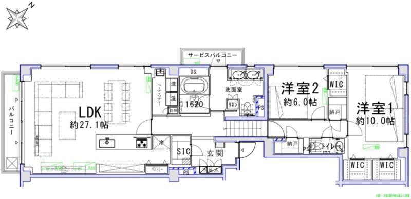 【間取り:2LDK】専有面積119.67㎡、バルコニー面積8.17㎡。約27.1帖のリビングダイニングキッチンに、約10.1帖・約6.0帖の洋室があり、それぞれにウォークインクローゼットを備えています。キッチンにパントリー、廊下に納戸、洗面室やユーティリティルームにリネン庫、玄関にシューズインクローゼットとシューズクローゼットを備え、収納も充実しています。1620サイズのゆったりとしたバスルーム、ツインボウルの洗面台、トイレが2か所、スロップシンク付きのユーティリティルームと水回りもゆとりある造りとなっています。陽当たり良好な角住戸です。