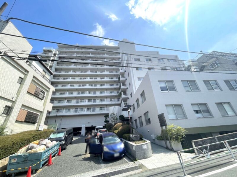 【外観】桜並木が綺麗な明治通りより1本入った閑静な住宅街に位置する青い空に映えるホワイトの爽やかな外観です。1970年7月築、増岡組施工、勧銀土地建物旧分譲の地上12階建、2棟からなる総戸数100戸のヴィンテージマンションです。広尾と恵比寿が生活圏となる利便性が魅力。緑や穏やかな空気感も感じられる落ち着いた住宅地です。都心各所へ快適にアクセスできます。また、バス便も豊富で移動手段が多彩です。「広尾プラザ」や「恵比寿ガーデンプレイス」などライフスタイルを豊かにする施設が揃います。飲食店やカフェも多く、洗練された日常を楽しめます。スーパーやドラッグストアが徒歩圏に揃い、毎日の買い物も快適です。近隣には公園や教育施設もあり、落ち着いた暮らしを楽しむことができます。