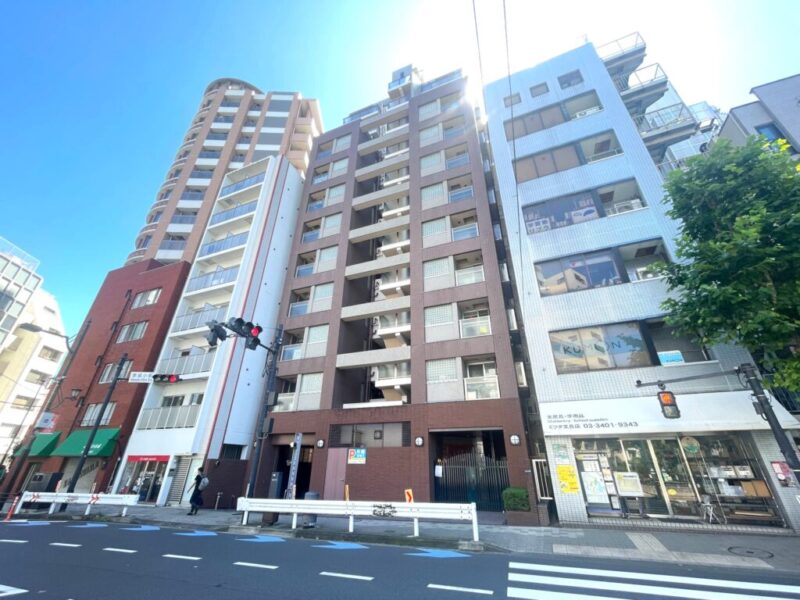 【外観】ブラウンタイル張りの重厚感のある外観が印象的で、都心の洗練された街並みにふさわしい佇まい。都心ならではの利便性と華やかさを享受できる立地です。1999年9月築、清水建設施工、サンウッド旧分譲の地上12階建、総戸数38戸のアーバンレジデンス。「赤坂」駅・「乃木坂」駅徒歩6分、「六本木」駅徒歩9分。銀座線・大江戸線の「青山一丁目」駅なども徒歩圏にあり、都心主要エリアへ軽快にアクセスできます。スーパーやコンビニなどの日常施設に加え、赤坂・六本木エリアならではの多彩なショップや飲食店を日常使いできます。「東京ミッドタウン」や「六本木ヒルズ」、「赤坂サカス」なども身近で、感度の高いショップやレストランが揃い、オンもオフも充実した都心生活を楽しめます。都心にありながら、「檜町公園」や「乃木公園」など緑を感じられるスポットが身近です。学区域の「赤坂小学校・赤坂中学校」が至近に位置し、教育環境にも恵まれたロケーション。赤坂周辺には医療機関も点在し、暮らしの安心感を支えます。