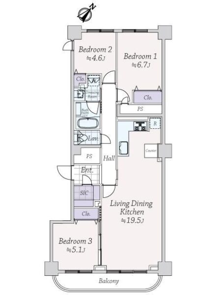 【間取り：3LDK】専有面積80.66㎡、バルコニー面積8.06㎡。約19.5帖のリビングダイニングキッチンに、約6.7帖・約4.6帖・約5.1帖の洋室があり、それぞれにクローゼットを、玄関にはシューズインクローゼットを備えています。陽当たり良好な南東向き住戸です。