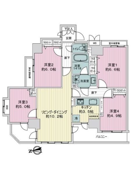 【間取り：4LDK】専有面積80.49㎡、バルコニー面積10.22㎡。約10.2帖のリビングダイニングに約3.5帖のキッチン。約6..6帖・約6.0帖・約5.0帖・約4.9帖の洋室があり、それぞれにクローゼットを備えています。陽当たり・通風良好な3方角住戸です。